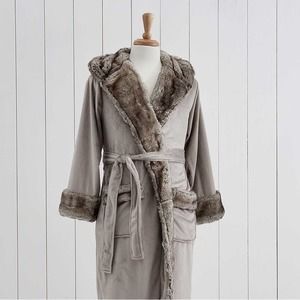 Pottery Barn Gray Faux Fur Trim Robe
